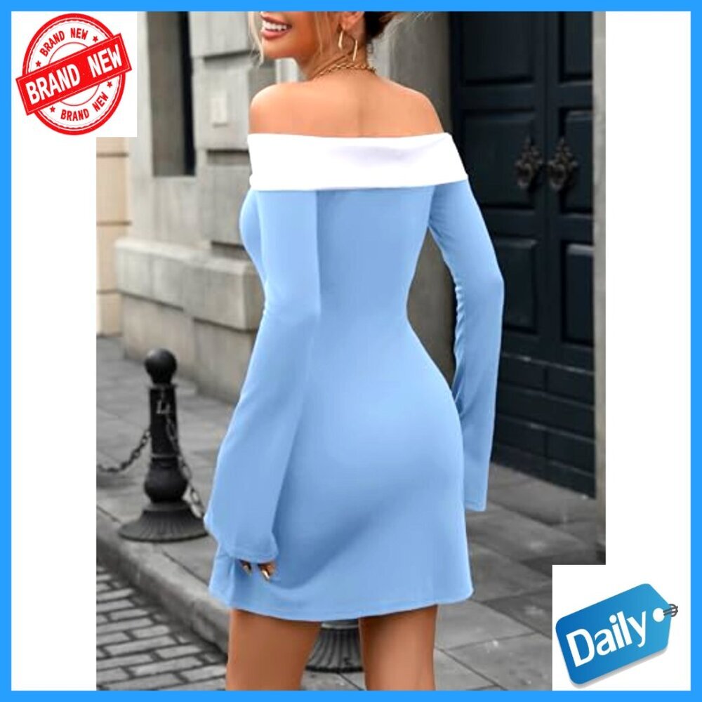 Off-Shoulder Long Bell Sleeve Bodycon Cocktail Dress Evening Wear - Picture 2 of 7